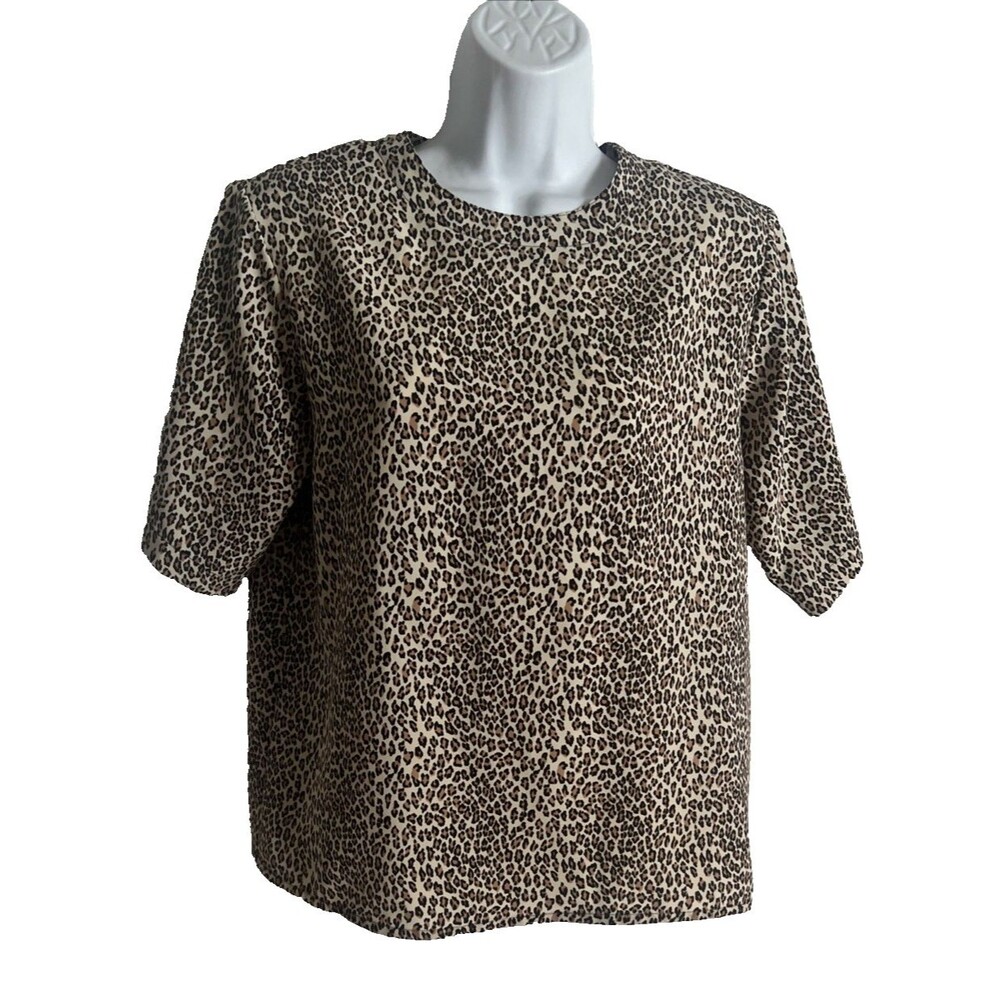 VTG 90s Yves St. Clair Leopard Print Top 10P Short Sleeve Blouse Shoulder Pads